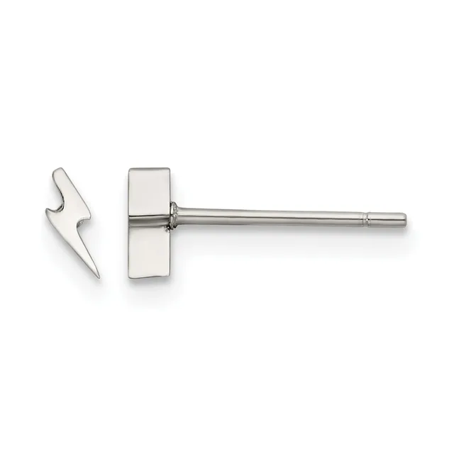 Silver lightning bolt stud earring shown from front and side views, featuring a polished finish and post with backing.