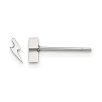 Silver lightning bolt stud earring shown from front and side views, featuring a polished finish and post with backing.