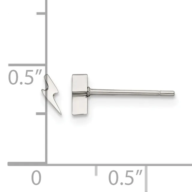 A silver stud earring with a rectangular face shown against a measurement grid, positioned 0.5 inches from the top and 0.5 inches from the left.