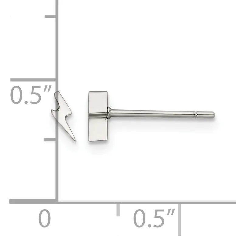 A silver stud earring with a rectangular face shown against a measurement grid, positioned 0.5 inches from the top and 0.5 inches from the left.