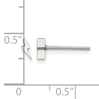 A silver stud earring with a rectangular face shown against a measurement grid, positioned 0.5 inches from the top and 0.5 inches from the left.