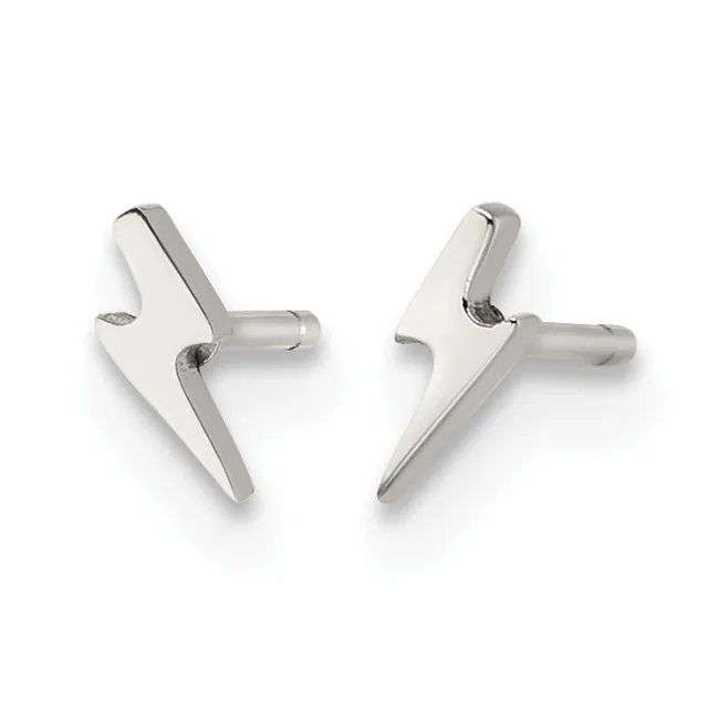 A pair of silver lightning bolt stud earrings shown front and back, featuring polished metal with post and butterfly backings.