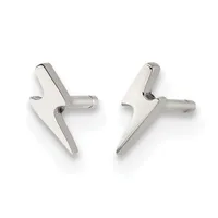A pair of silver lightning bolt stud earrings shown front and back, featuring polished metal with post and butterfly backings.