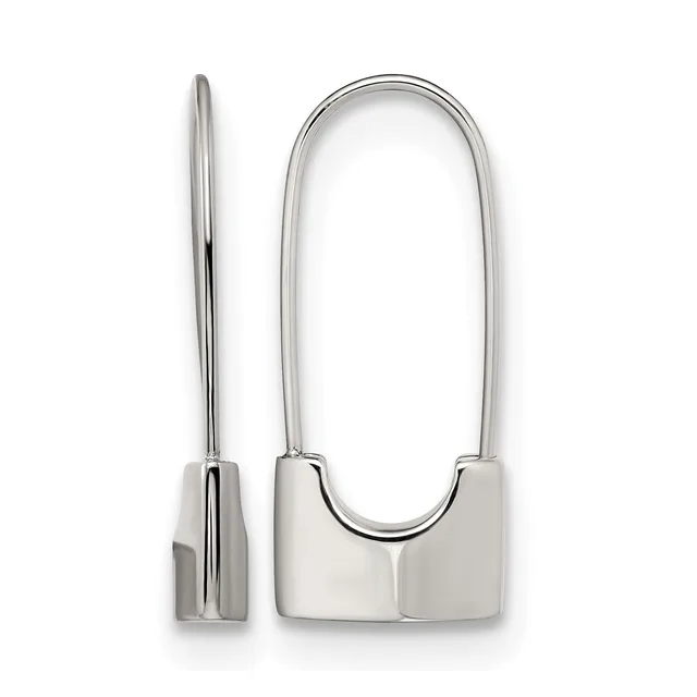 A polished silver U-shaped pendant with a thin curved tube suspended from a rectangular bail, shown from front and side views.