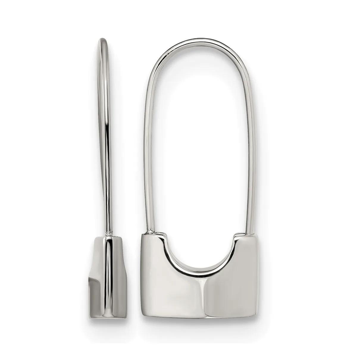 A polished silver U-shaped pendant with a thin curved tube suspended from a rectangular bail, shown from front and side views.