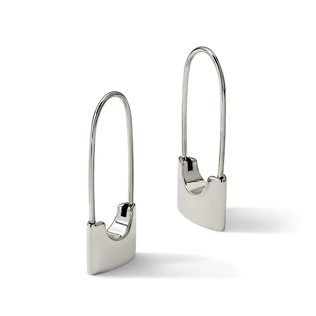 Two silver-toned metal earrings with curved wire hooks and rectangular pendant bases displayed against a white background.