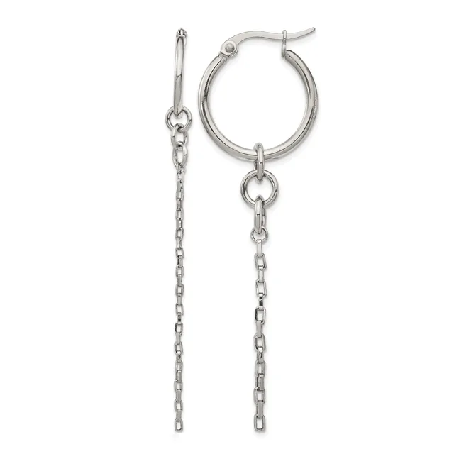 A pair of silver-toned hoop earrings with chain dangles hanging from the bottom, shown from the front against a white background.