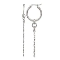 A pair of silver-toned hoop earrings with chain dangles hanging from the bottom, shown from the front against a white background.
