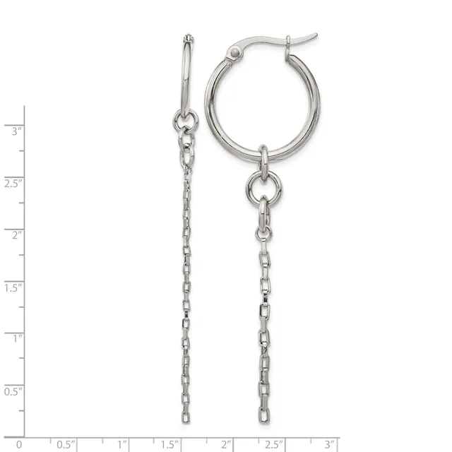 Silver-toned hoop earrings with dangling chain extensions, displayed against a measurement scale showing approximately three inches in length.