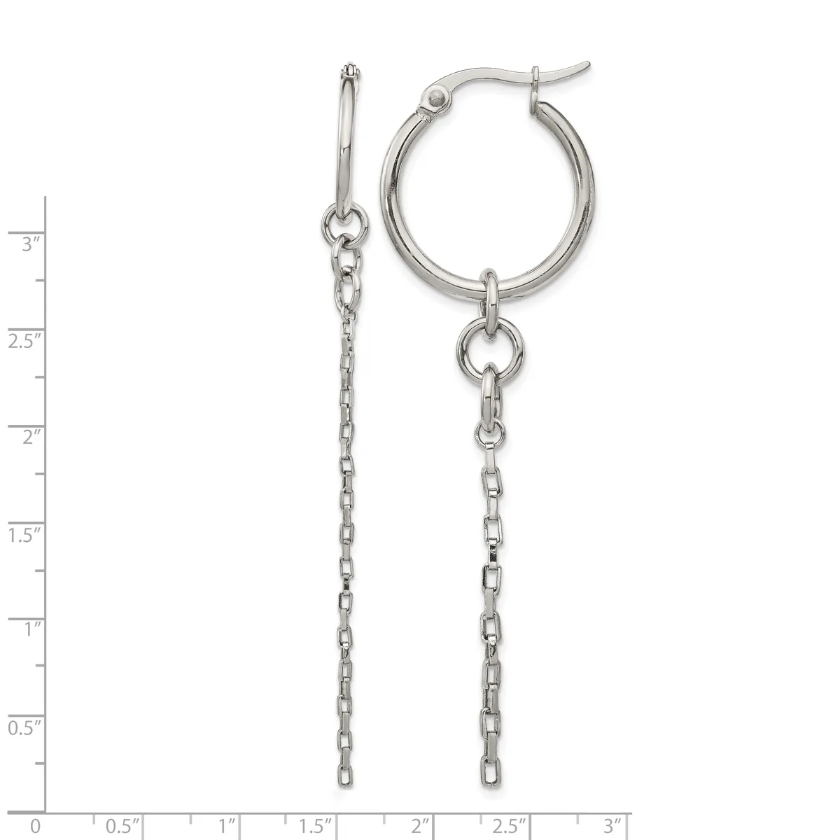 Silver-toned hoop earrings with dangling chain extensions, displayed against a measurement scale showing approximately three inches in length.