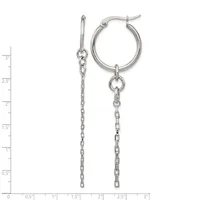 Silver-toned hoop earrings with dangling chain extensions, displayed against a measurement scale showing approximately three inches in length.