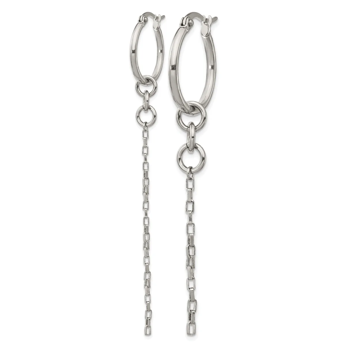Pair of silver-toned hoop earrings with chain dangles hanging from small rings attached to the bottom of each hoop.