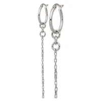 Pair of silver-toned hoop earrings with chain dangles hanging from small rings attached to the bottom of each hoop.