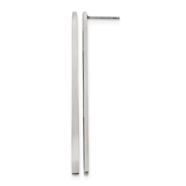 A pair of long, slender silver stud earrings displayed vertically, showing a polished cylindrical post on the left and a matching post with a backing post on the right.