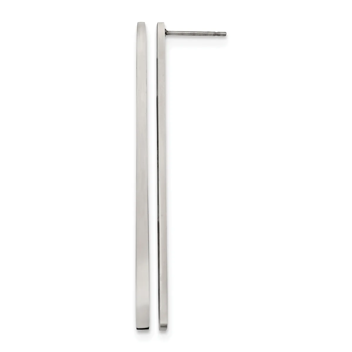 A pair of long, slender silver stud earrings displayed vertically, showing a polished cylindrical post on the left and a matching post with a backing post on the right.