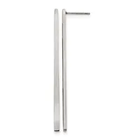 A pair of long, slender silver stud earrings displayed vertically, showing a polished cylindrical post on the left and a matching post with a backing post on the right.