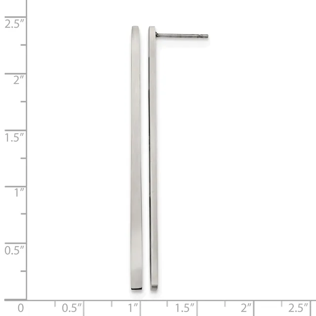 Two long silver-toned metal earring posts with small flat tops, shown next to a ruler measuring approximately 2.25 inches in length.
