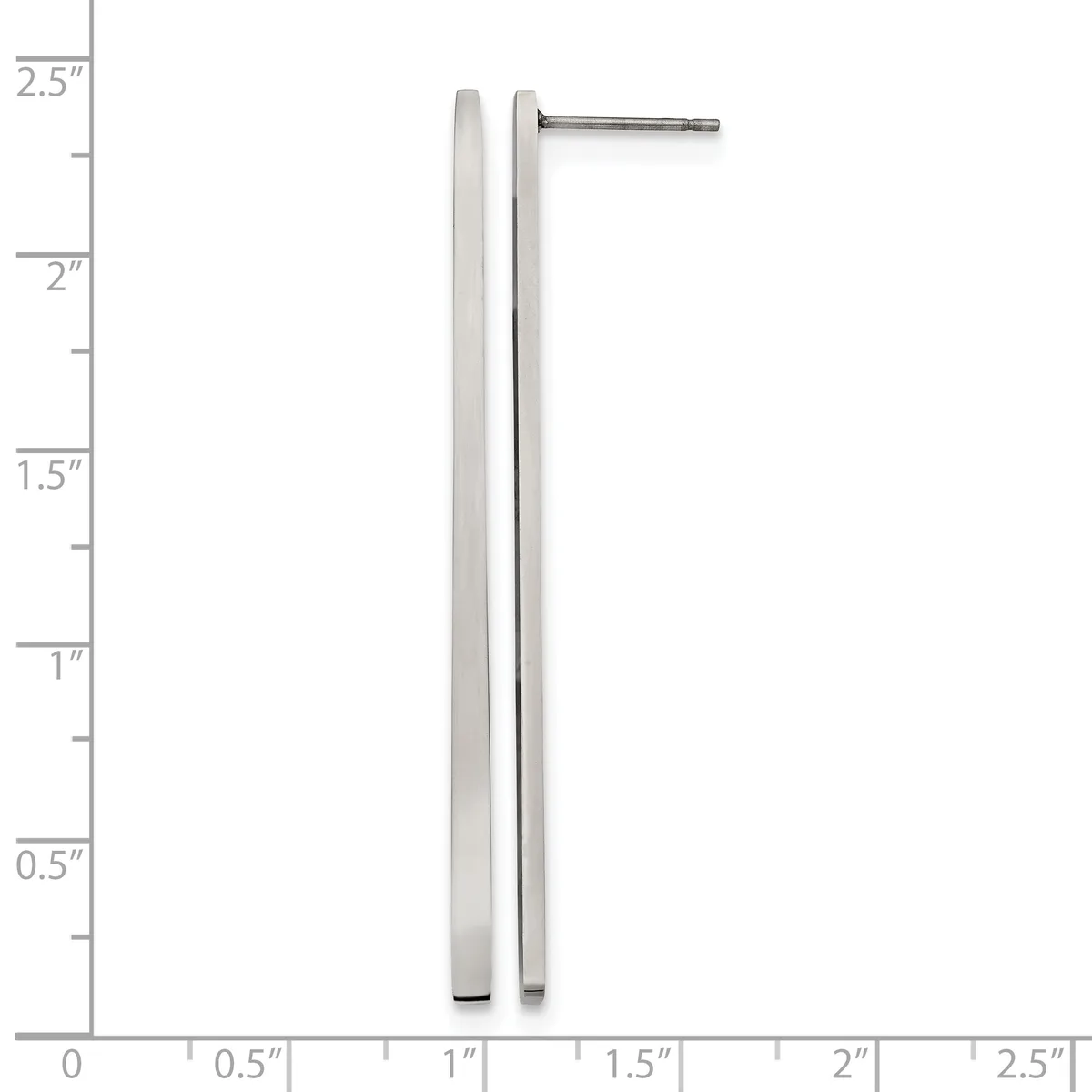 Two long silver-toned metal earring posts with small flat tops, shown next to a ruler measuring approximately 2.25 inches in length.