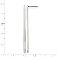 Two long silver-toned metal earring posts with small flat tops, shown next to a ruler measuring approximately 2.25 inches in length.