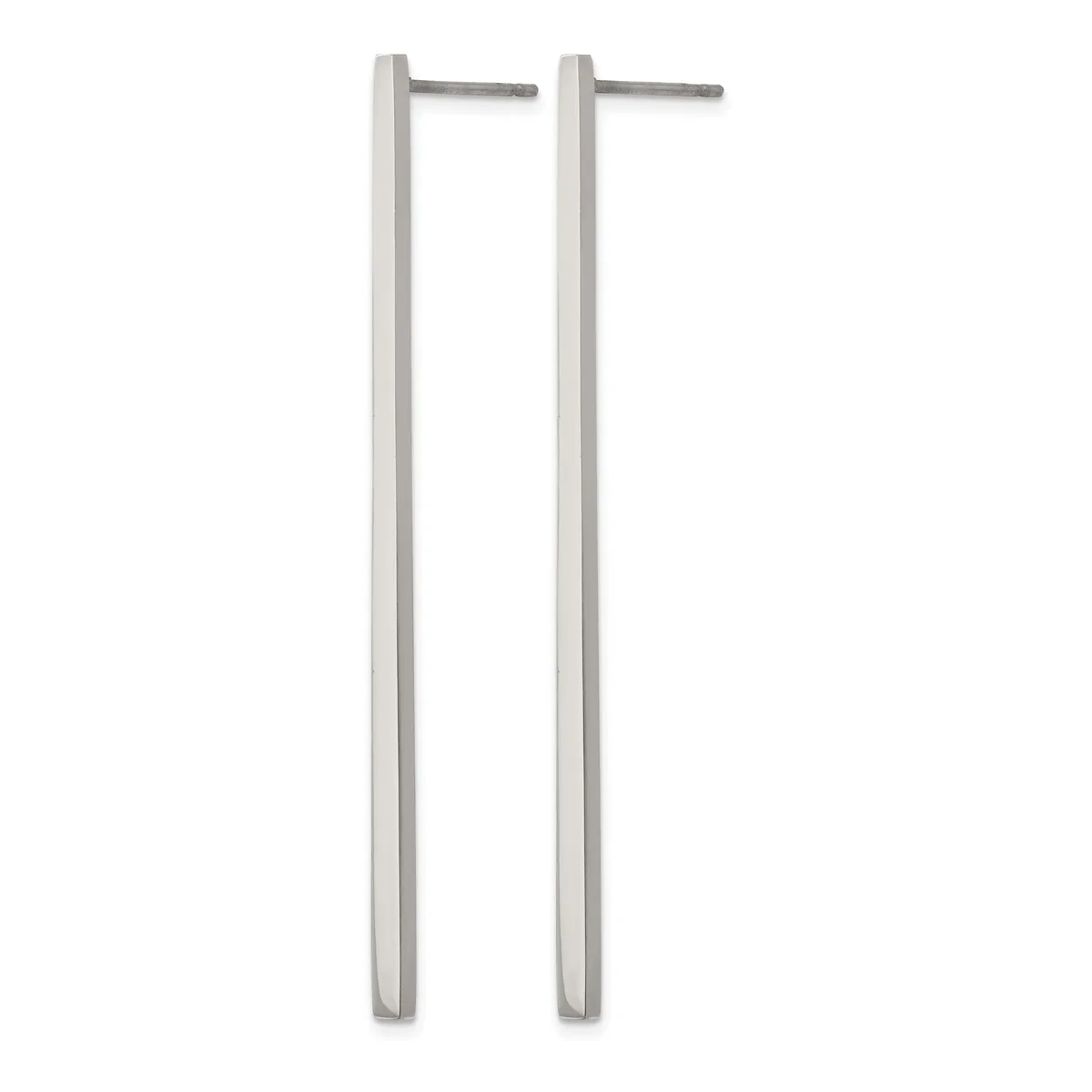 Two tall rectangular stainless steel bar earrings with small horizontal posts at the top, shown against a white background.
