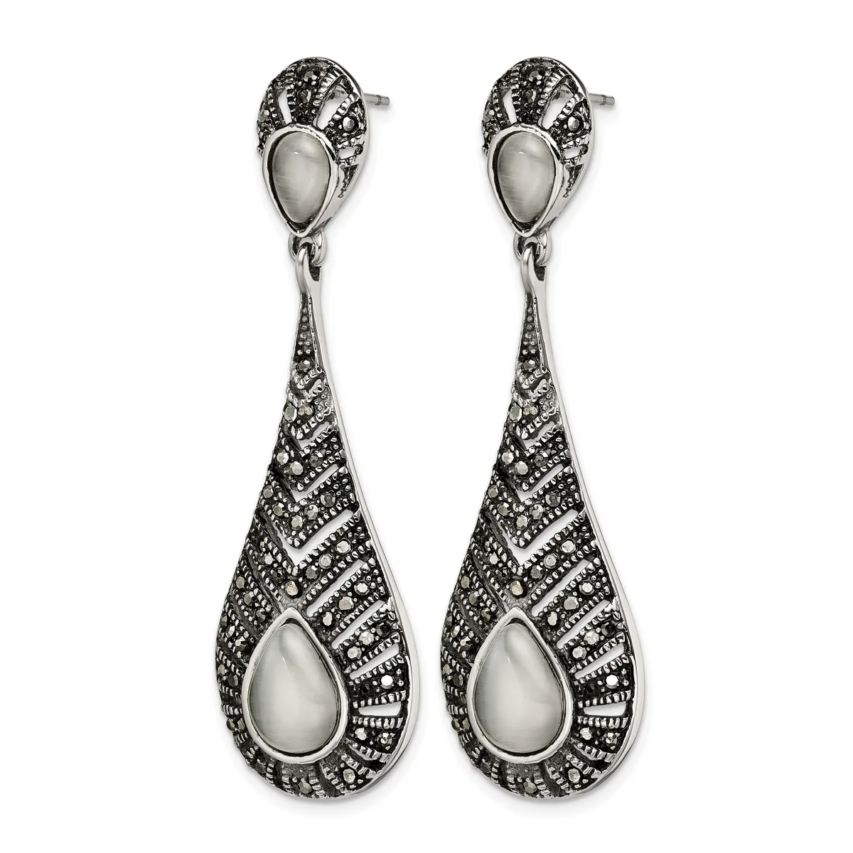 A pair of silver teardrop earrings with pearl centers and ornate filigree detailing throughout, shown against a white background.