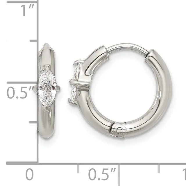 Silver hoop earrings with marquise-cut diamond solitaires, shown front and side view with measurement scale indicating approximately one inch in length.
