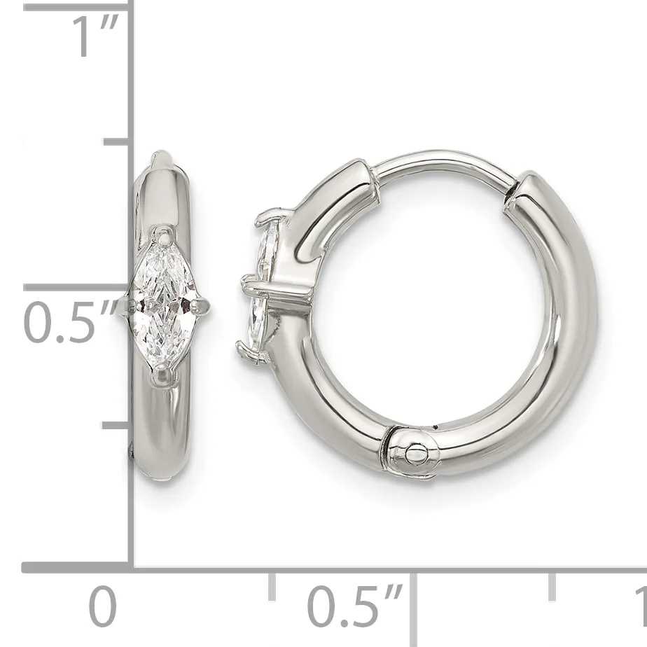 Silver hoop earrings with marquise-cut diamond solitaires, shown front and side view with measurement scale indicating approximately one inch in length.