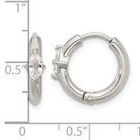 Silver hoop earrings with marquise-cut diamond solitaires, shown front and side view with measurement scale indicating approximately one inch in length.
