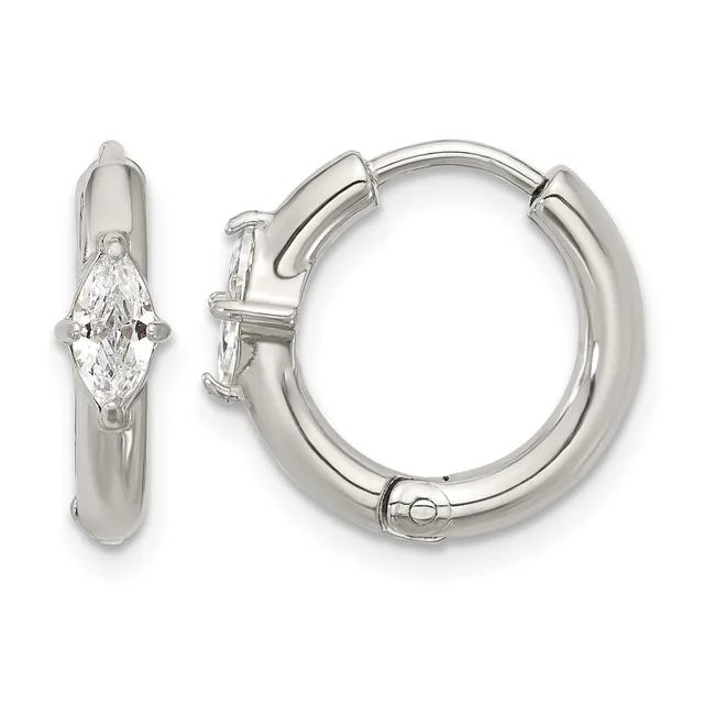 Pair of silver hoop earrings with hinged backs, each featuring a marquise-cut cubic zirconia stone set on the front surface.