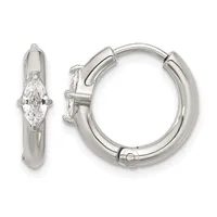 Pair of silver hoop earrings with hinged backs, each featuring a marquise-cut cubic zirconia stone set on the front surface.