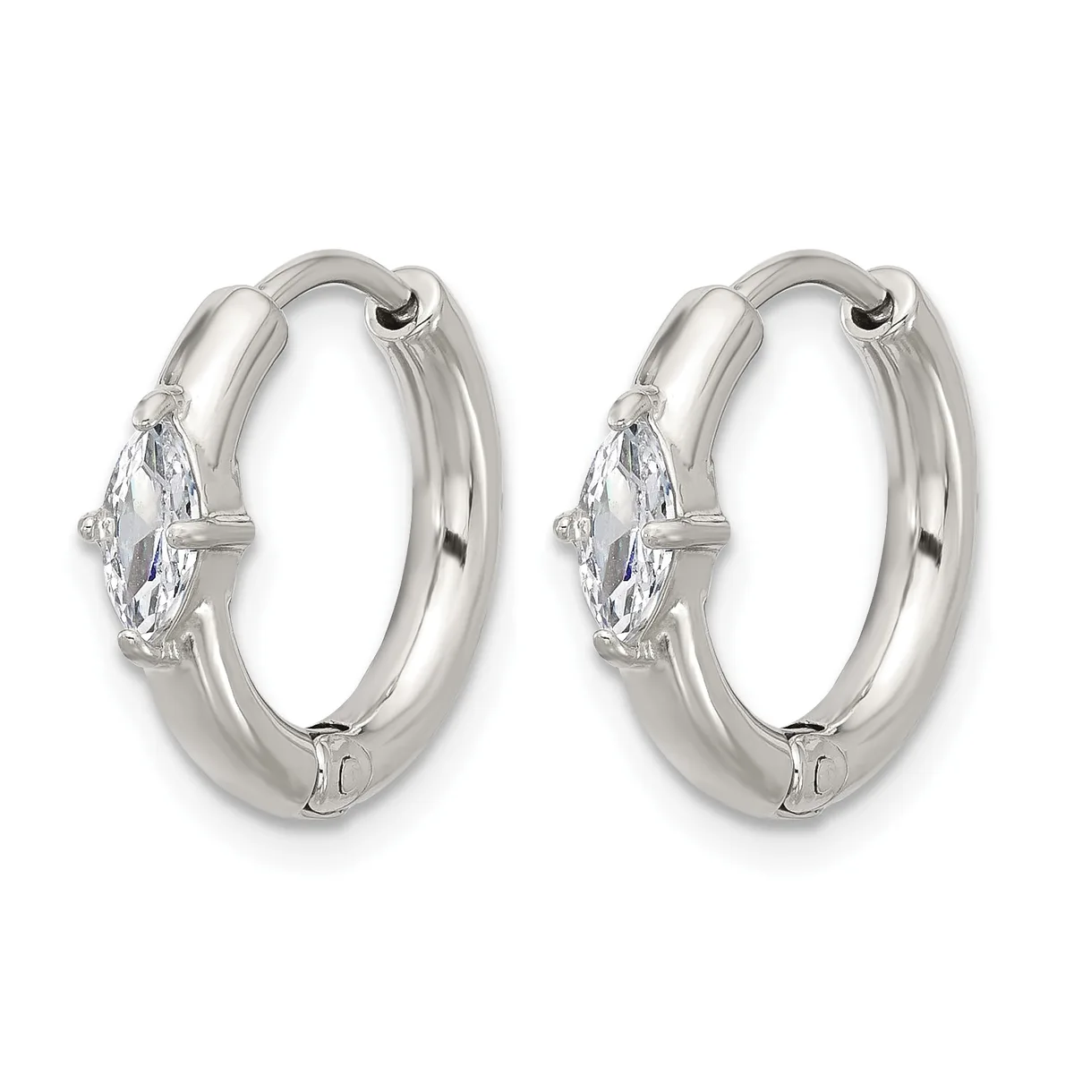 A pair of silver hoop earrings with marquise-cut cubic zirconia stones set on the front of each hoop.