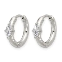 A pair of silver hoop earrings with marquise-cut cubic zirconia stones set on the front of each hoop.