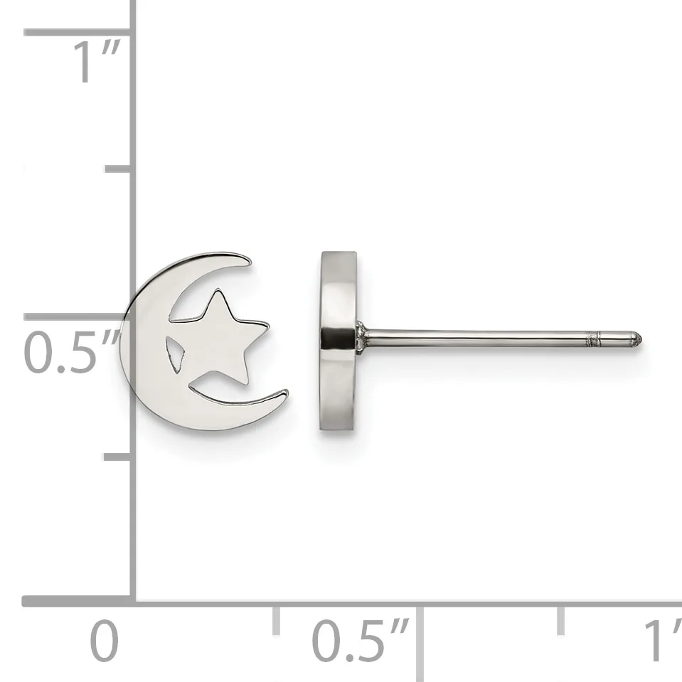 Silver stud earrings featuring a crescent moon with a cutout star, shown next to a ruler indicating approximately 0.5 inches in height.