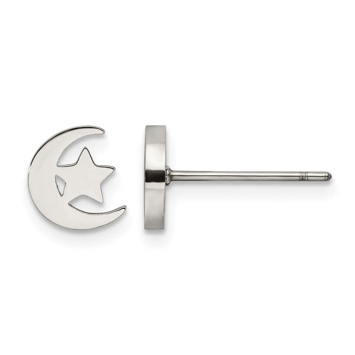 A silver stud earring featuring a crescent moon with a star cutout, shown from the front and back views.