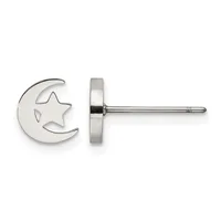 A silver stud earring featuring a crescent moon with a star cutout, shown from the front and back views.