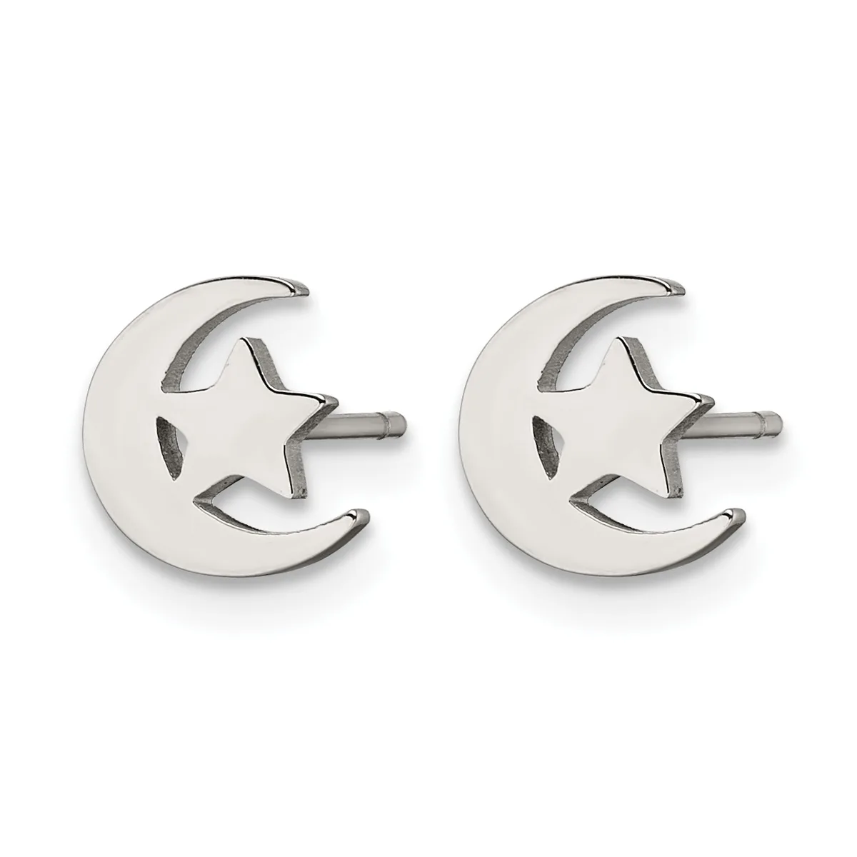 Pair of silver moon and star stud earrings with polished finish and small post backs, shown from the front.