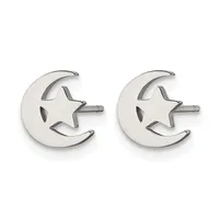 Pair of silver moon and star stud earrings with polished finish and small post backs, shown from the front.