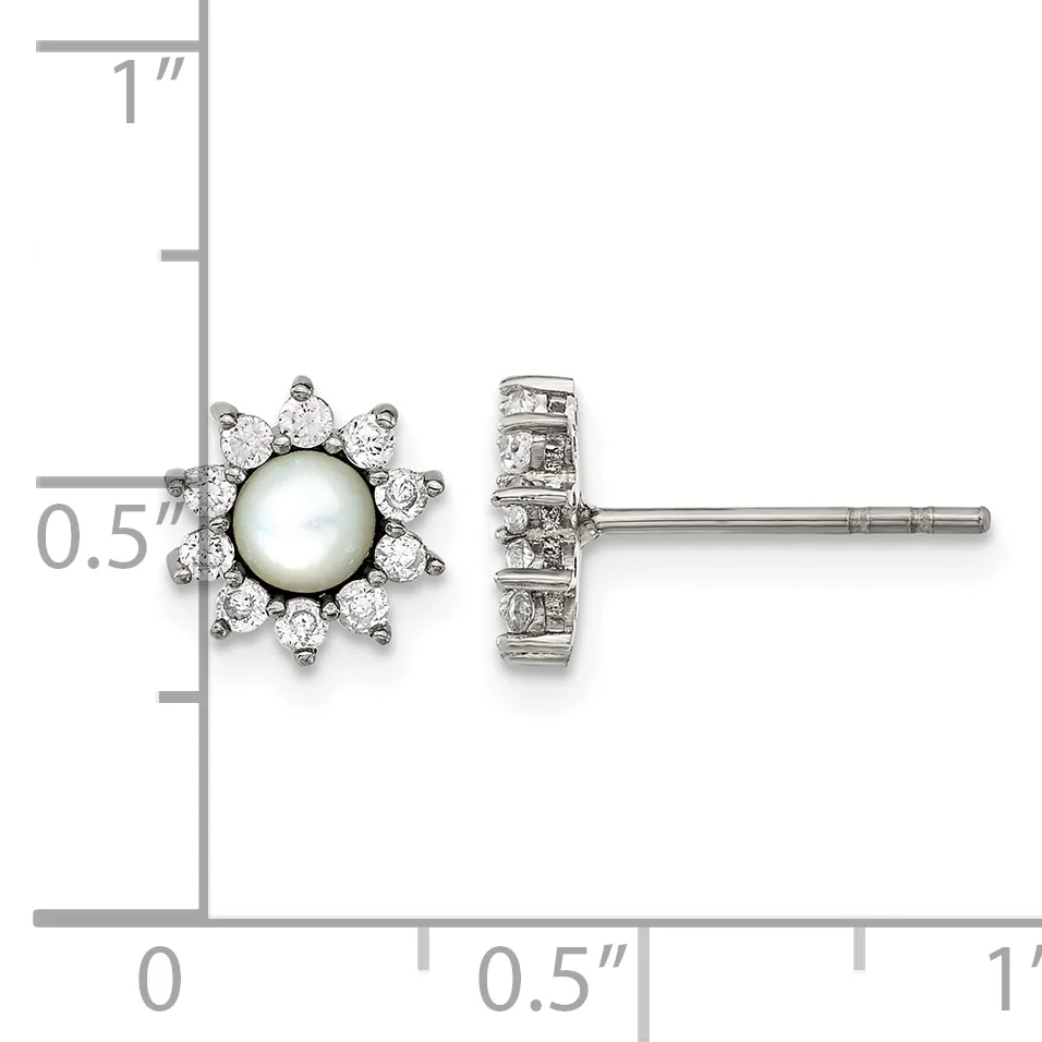 Pair of silver stud earrings featuring a central pearl surrounded by a halo of round diamonds, shown front and back view with a measurement scale.