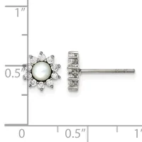 Pair of silver stud earrings featuring a central pearl surrounded by a halo of round diamonds, shown front and back view with a measurement scale.