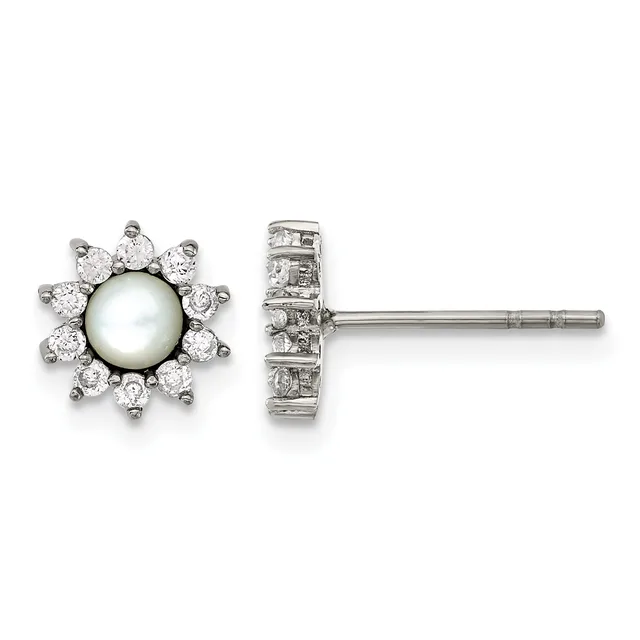 A pair of silver stud earrings featuring a central white pearl surrounded by a halo of round diamonds, shown from front and side views.
