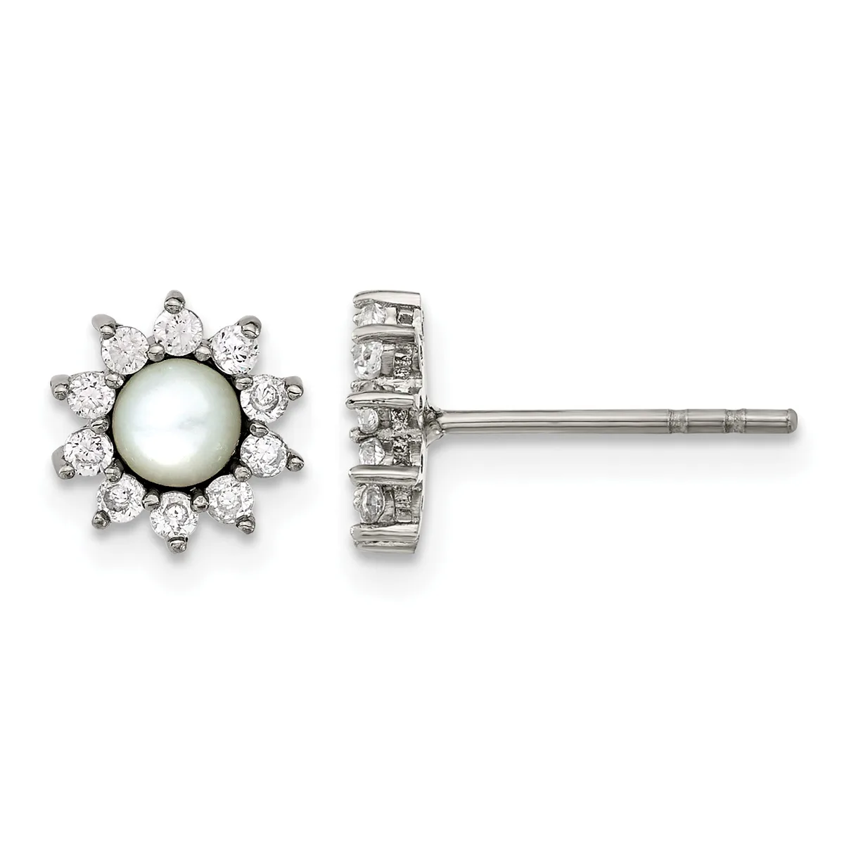 A pair of silver stud earrings featuring a central white pearl surrounded by a halo of round diamonds, shown from front and side views.