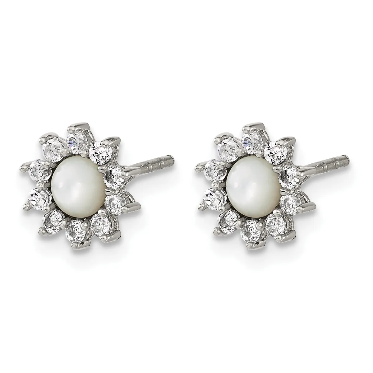 A pair of stud earrings with cream-colored pearl centers surrounded by a halo of round white diamonds set in white metal, shown against a white background.