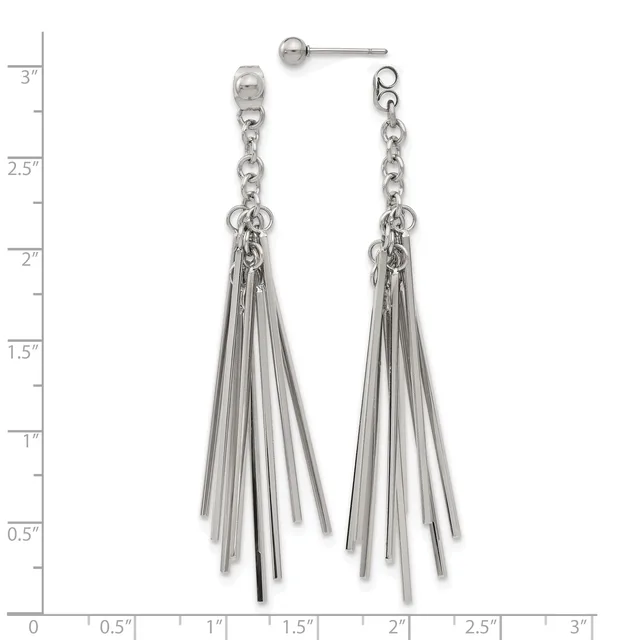A pair of silver-toned tassel earrings with chain details, shown against a measurement scale indicating they are approximately three inches long.