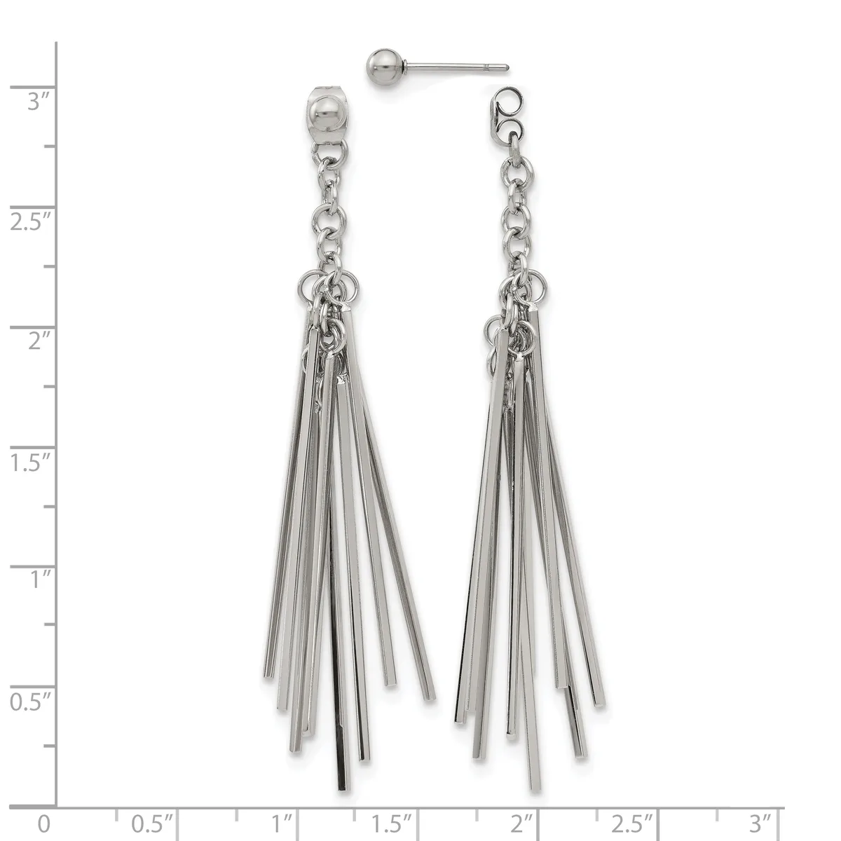 A pair of silver-toned tassel earrings with chain details, shown against a measurement scale indicating they are approximately three inches long.