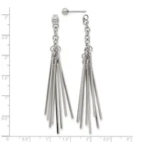 A pair of silver-toned tassel earrings with chain details, shown against a measurement scale indicating they are approximately three inches long.