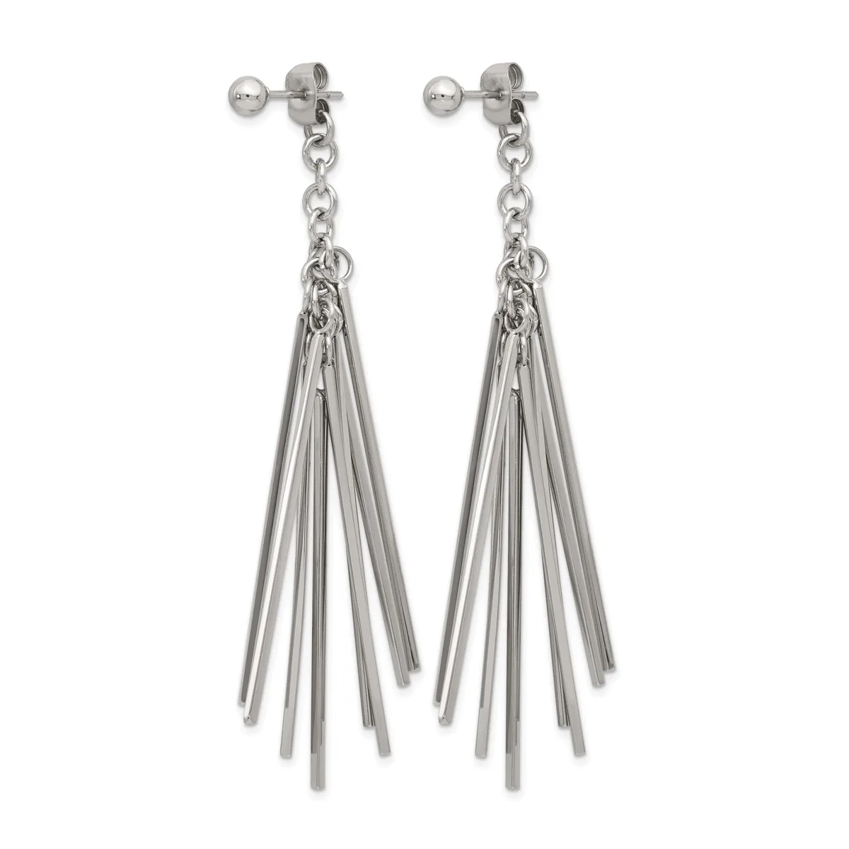 Pair of silver-toned drop earrings with ball studs and chain featuring multiple thin tapered rods hanging in a fan formation.