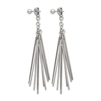 Pair of silver-toned drop earrings with ball studs and chain featuring multiple thin tapered rods hanging in a fan formation.