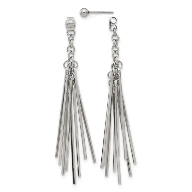 Pair of silver-toned dangle earrings with chain links at the top and multiple thin tapered bars hanging below, shown from front and back views.