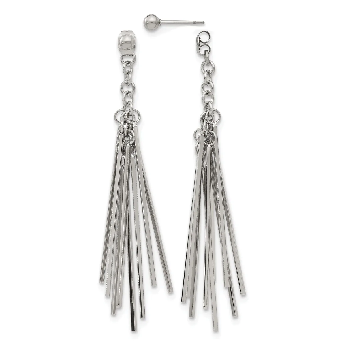 Pair of silver-toned dangle earrings with chain links at the top and multiple thin tapered bars hanging below, shown from front and back views.