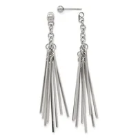Pair of silver-toned dangle earrings with chain links at the top and multiple thin tapered bars hanging below, shown from front and back views.